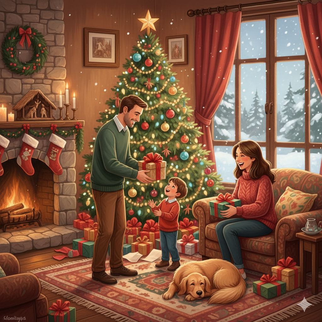 Rodzina przy choince świątecznej